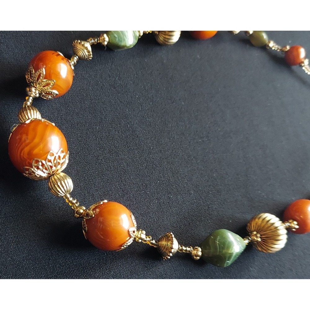 Vintage Boho Chic Marbled Agate Resin Bead Statement Necklace Antique Gold